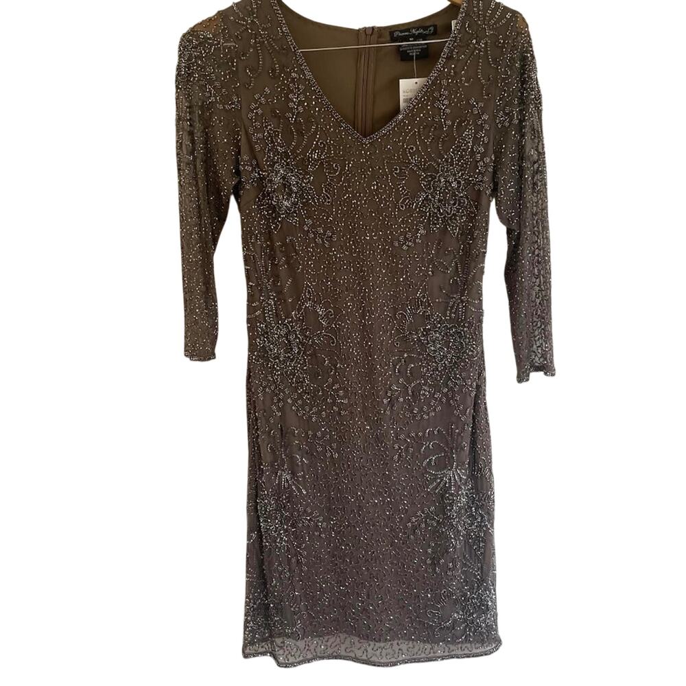 Pisarro Nights beaded V-neck cocktail dress in mocha, size 10